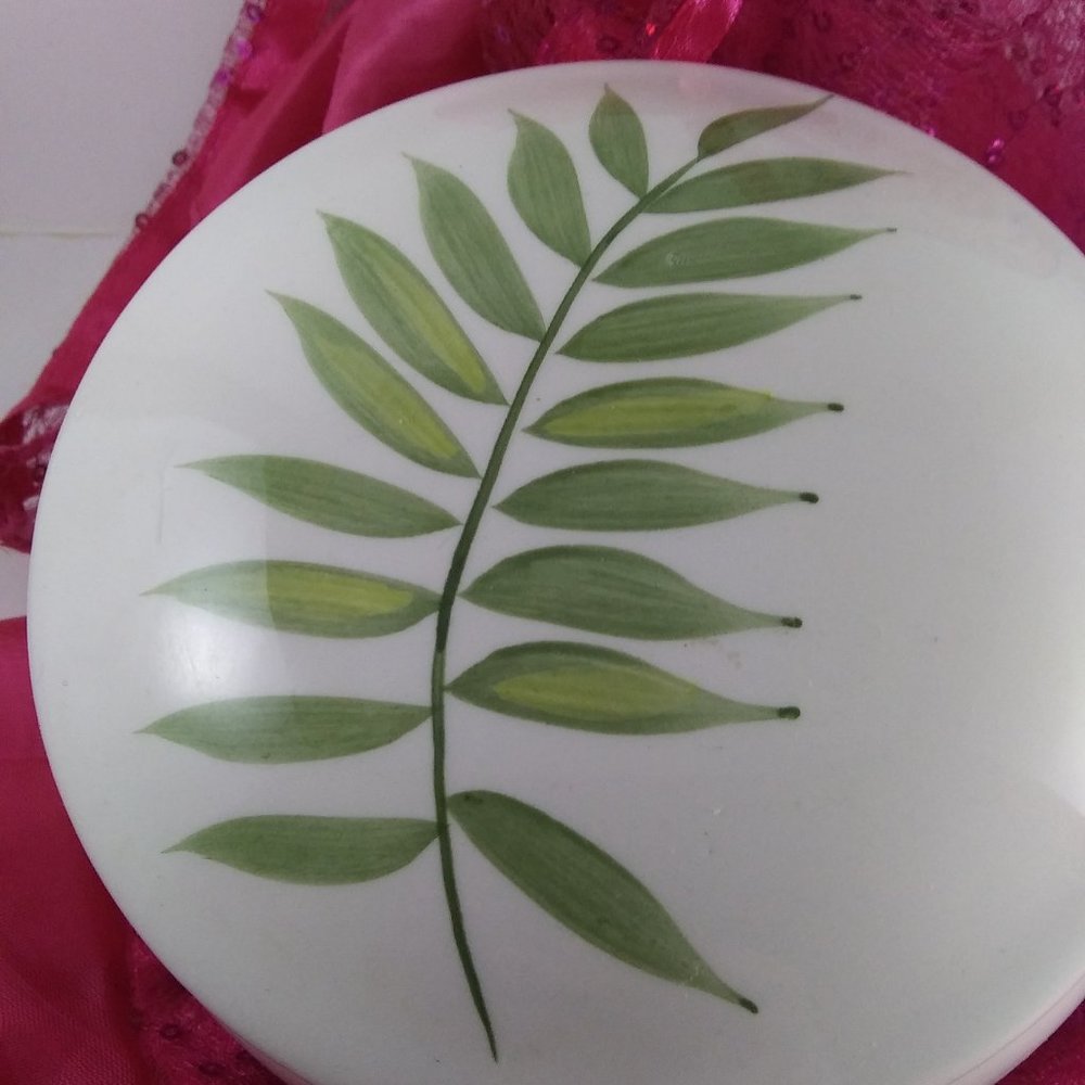 Covered trinket box ceramic with painted fern leaf